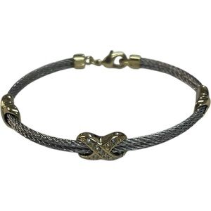 Double Row Cable Bracelet with X Pave Stations Silver Tone